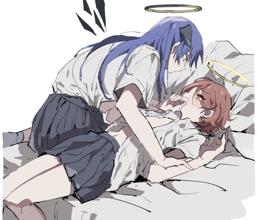 2girls arknights black_skirt blue_hair covering_mouth dark_halo demon_horns detached_wings energy_wings exusiai_(arknights) halo hand_over_own_mouth highres horns long_hair lying mostima_(arknights) multiple_girls na_tarapisu153 on_bed open_clothes open_shirt orange_eyes pillow pleated_skirt redhead school_uniform shirt short_hair sitting skirt white_background white_shirt wings yuri