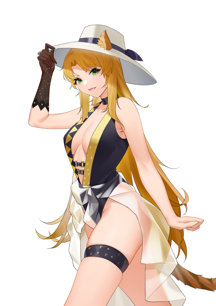 1girl absurdres alternate_costume animal_ears arknights black_choker black_gloves black_swimsuit breasts choker clothes_around_waist cowboy_shot darling0221 ears_through_headwear gloves green_eyes hat highres large_breasts long_hair looking_at_viewer one-piece_swimsuit open_mouth orange_hair see-through see-through_shirt shirt shirt_around_waist sideboob simple_background single_glove skindentation solo standing sun_hat swimsuit swire_(arknights) tail thigh_strap tiger_ears tiger_girl tiger_tail very_long_hair white_background white_headwear white_shirt