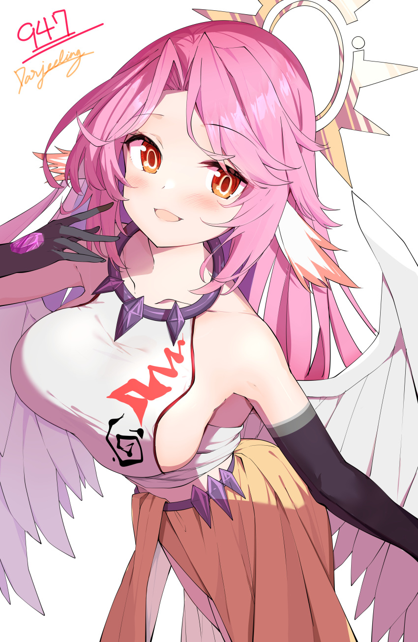 1girl absurdres angel angel_wings artist_name blush breasts commission crop_top darjeeling_(reley) elbow_gloves feathered_wings gloves gradient_eyes halo highres jibril_(no_game_no_life) large_breasts long_hair looking_at_viewer low_wings magic_circle multicolored multicolored_eyes no_game_no_life open_mouth orange_eyes pink_hair sideboob smile solo very_long_hair white_wings wing_ears wings yellow_eyes