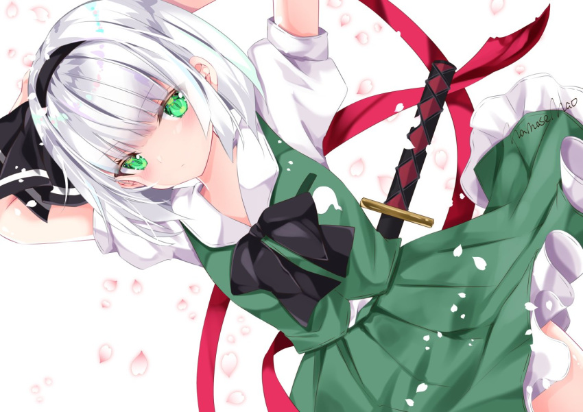 1girl arms_behind_head bangs black_bow black_hairband black_neckwear bow bowtie cherry_blossoms closed_mouth dutch_angle green_eyes green_skirt green_vest hairband konpaku_youmu looking_at_viewer nanase_nao puffy_short_sleeves puffy_sleeves shirt short_hair short_sleeves silver_hair skirt solo standing sword sword_behind_back touhou vest weapon white_background white_shirt