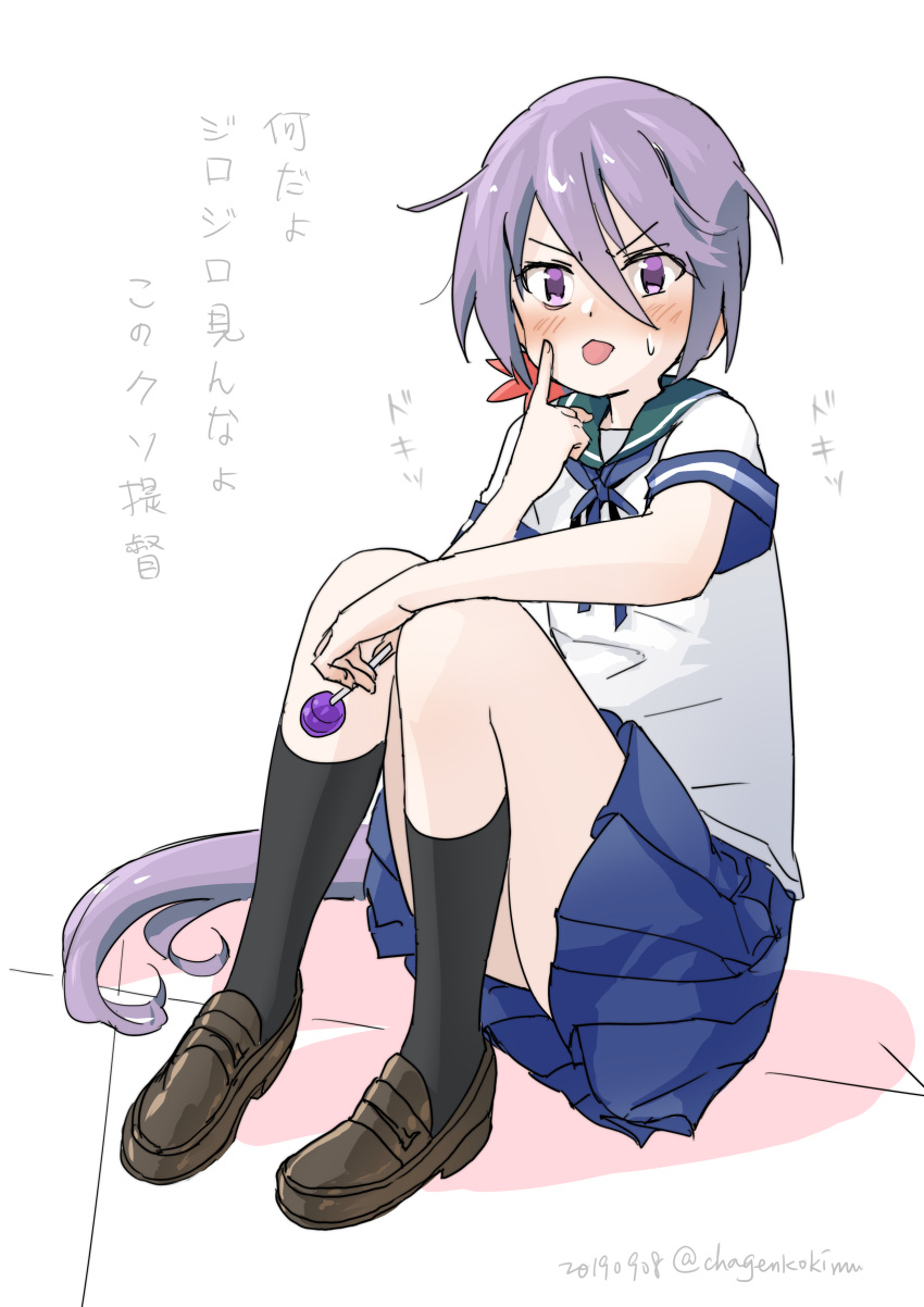 1girl absurdres akanbe akebono_(kancolle) bangs black_legwear blue_skirt blush candy chagen_kokimu dated flower food hair_between_eyes hair_flower hair_ornament highres holding holding_candy holding_food holding_lollipop kantai_collection kneehighs lollipop long_hair pleated_skirt purple_hair sailor_collar school_uniform serafuku short_sleeves side_ponytail simple_background sitting skirt solo tongue tongue_out translation_request twitter_username very_long_hair violet_eyes white_background