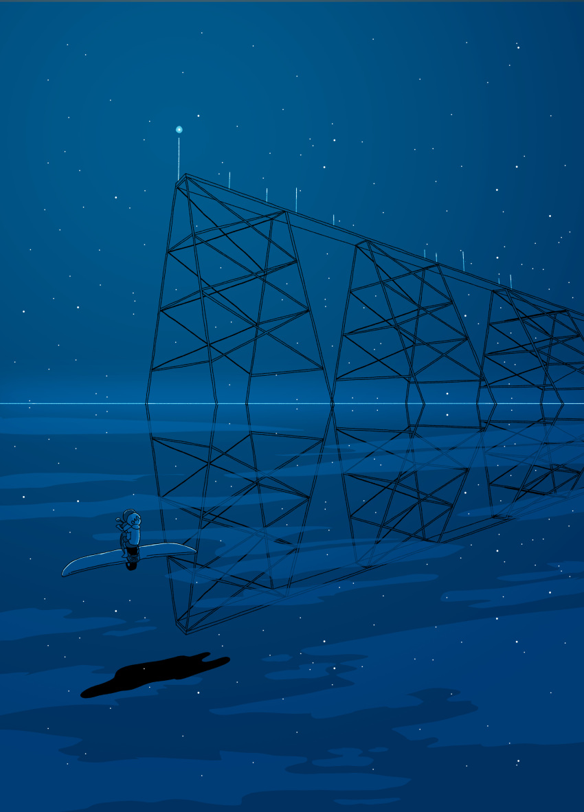 2boys absurdres blue_theme building commentary_request highres horizon limited_palette multiple_boys night night_sky ocean original reflection reflective_water sakatsuki_sakana scenery sky star_(sky) starry_sky very_wide_shot water