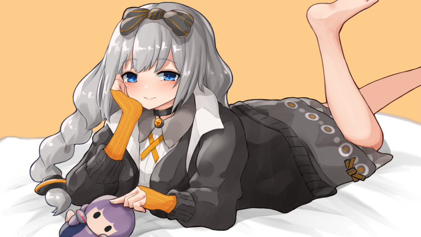 1girl bangs barefoot bed_sheet black_bow black_jacket blue_eyes blush bow braid breasts brown_background closed_mouth collared_shirt commentary_request dress eyebrows_visible_through_hair feet_out_of_frame grey_dress grey_hair hair_bow highres jacket kizuna_akari legs_up long_hair long_sleeves looking_at_viewer lying medium_breasts on_stomach open_clothes open_jacket puffy_long_sleeves puffy_sleeves shirt signature single_braid smile solo striped striped_bow very_long_hair vocaloid voiceroid white_shirt yusake_san yuzuki_yukari