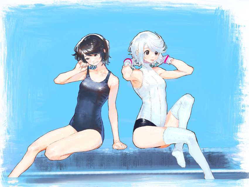 2girls bangs bare_shoulders black_eyes black_hair blue_swimsuit blush bukimi_isan collarbone foot_out_of_frame foreshortening frown gloves hand_up hands_up highres holding_strap looking_down momijiyama_teru multiple_girls no_shoes one-piece_swimsuit open_mouth school_swimsuit shiny shiny_clothes shiny_hair short_hair shy_(character) shy_(series) sitting swept_bangs swimsuit thigh-highs tongue tongue_out water white_gloves white_hair white_swimsuit