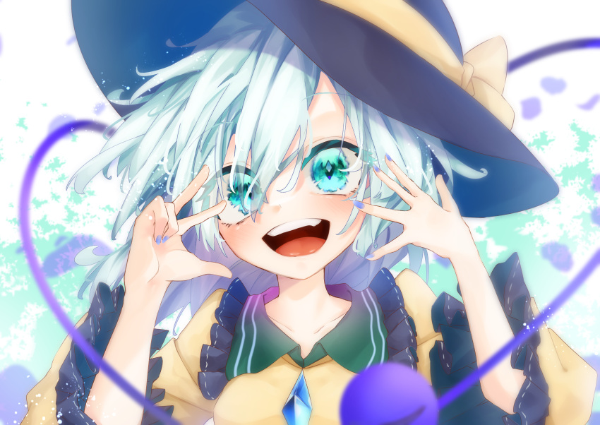 1girl :d bangs black_headwear blurry blurry_foreground calpis118 frilled_sleeves frills green_eyes green_hair hat hat_ribbon highres komeiji_koishi long_sleeves looking_at_viewer open_mouth purple_nails ribbon short_hair smile solo third_eye touhou upper_body v wide_sleeves yellow_ribbon