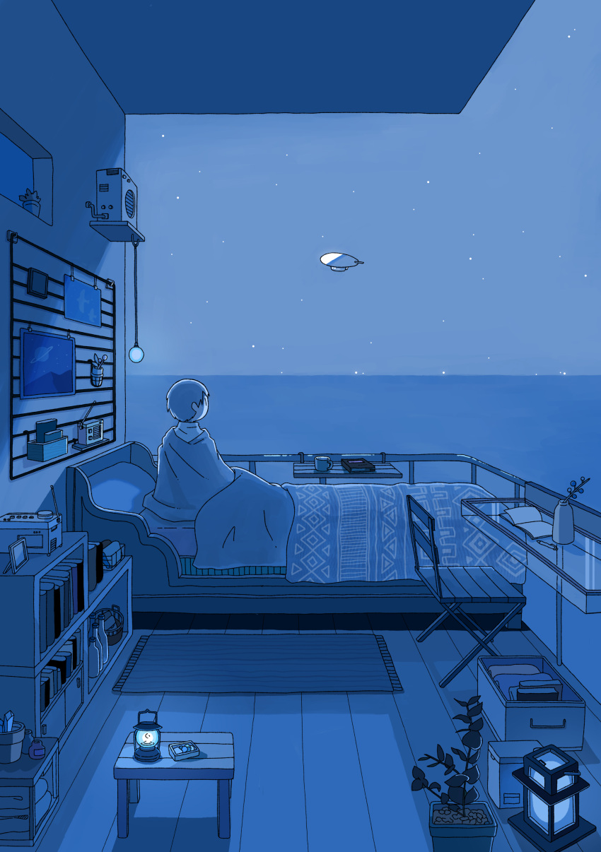 1boy absurdres air_conditioner aircraft balcony blanket blue_theme book bookshelf case chair coffee_mug commentary_request cup desk dirigible hanging_light highres lamp lantern limited_palette mug night night_sky on_bed open_book original pencil picture_frame plant potted_plant radio railing rug sakatsuki_sakana short_hair sky solo table under_covers window