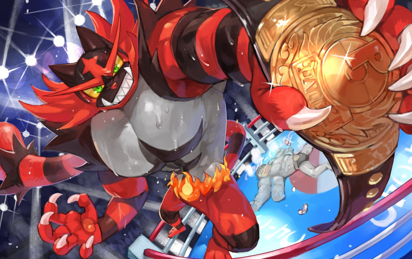 @_@ audience championship_belt claws colored_sclera commentary furry gen_1_pokemon gen_7_pokemon glint green_eyes grin highres holding incineroar lens_flare light looking_at_viewer lying machamp muscular on_back pokemon pokemon_(creature) sharp_teeth smile spread_legs sweat tapioka_chaso teeth unconscious wet wrestling_ring yellow_sclera