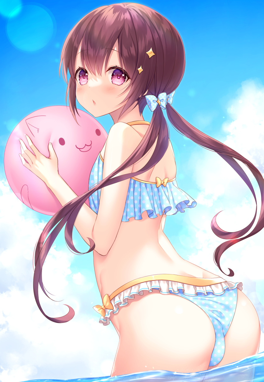 1boy ass back ball bangs bikini blue_bikini blue_sky bow brown_hair bulge clouds commission day eyebrows_visible_through_hair frilled_bikini frills hair_bow hair_ornament highres holding holding_ball itsuki_jun lens_flare long_hair looking_at_viewer male_focus original otoko_no_ko outdoors parted_lips partially_submerged polka_dot polka_dot_bikini shoulder_blades skeb_commission sky solo star_(symbol) star_hair_ornament swimsuit thighs twintails violet_eyes