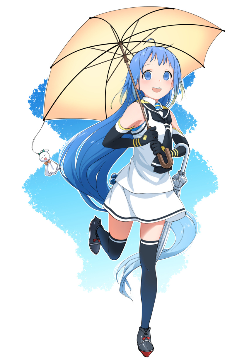 1girl bangs black_legwear black_neckwear black_sailor_collar blue_background blue_eyes blue_hair chagen_kokimu closed_umbrella commentary_request elbow_gloves full_body gloves gradient_hair highres holding holding_umbrella kantai_collection long_hair multicolored_hair neckerchief running sailor_collar samidare_(kancolle) school_uniform serafuku shirt sleeveless sleeveless_shirt solo swept_bangs teruterubouzu thigh-highs umbrella very_long_hair white_background white_umbrella yellow_umbrella