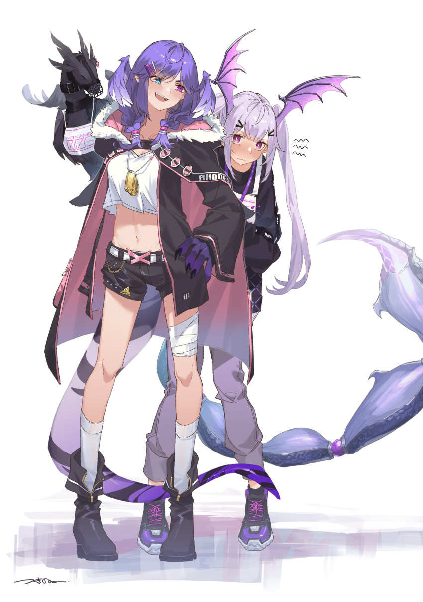 2girls absurdres animal_on_shoulder arknights bandaged_leg bandages belt black_belt black_footwear black_jacket black_shorts black_sweater blue_eyes boots breasts cosplay costume_switch crop_top dragon_tail embarrassed ember_(selen_tatsuki) hand_on_hip head_wings heterochromia highres hood hooded_jacket jacket jewelry looking_to_the_side manticore_(arknights) manticore_(arknights)_(cosplay) medium_breasts multiple_girls necklace nijisanji nijisanji_en open_mouth purple_hair scorpion_tail selen_tatsuki selen_tatsuki_(cosplay) shorts smile sweater tail trait_connection tsukino_(nakajimaseiki) twintails violet_eyes