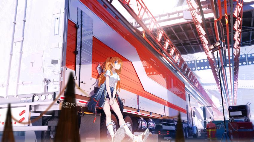1girl blue_eyes breasts bridge clothes_around_waist english_text expressionless ground_vehicle hair_between_eyes highres interface_headset jacket jacket_around_waist leaning_against_vehicle long_hair looking_at_viewer medium_breasts motor_vehicle neon_genesis_evangelion railing scenery shirt shorts solo souryuu_asuka_langley thighs trailer tripod truck twintails v_arms white_shirt ya_yan