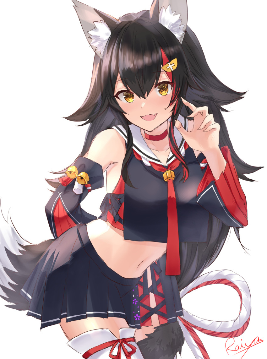 1girl animal_ear_fluff animal_ears bell black_hair black_skirt blush breasts choker commentary cowboy_shot detached_sleeves eyebrows_visible_through_hair fang hair_between_eyes hair_flaps hair_ornament highres hololive kouhaku_nawa leaning_forward long_hair looking_at_viewer medium_breasts midriff miniskirt multicolored_hair navel ookami_mio open_mouth orange_eyes pleated_skirt raiya_atelier red_choker red_neckwear redhead sailor_collar signature simple_background skin_fang skirt smile solo streaked_hair tail tail_around_leg thigh-highs virtual_youtuber white_background white_hair white_legwear wolf_ears wolf_girl wolf_tail