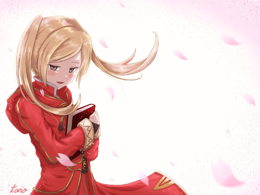 1girl artist_name bangs blonde_hair blush book book_hug brown_eyes fire_emblem fire_emblem_awakening half-closed_eyes highres holding holding_book hood hood_down long_hair long_sleeves looking_at_viewer open_mouth parted_bangs petals red_hood robe robin_(fire_emblem) robin_(fire_emblem)_(female) solo taro_(pixiv34317323) twintails