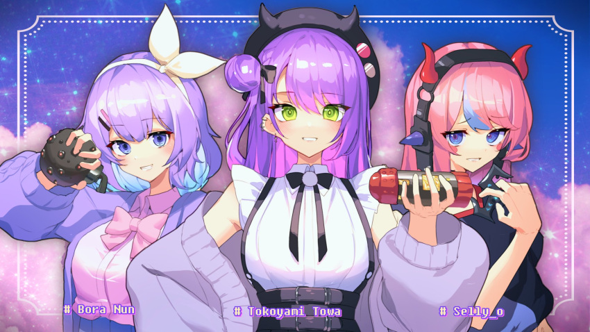 3girls apex_legends arc_star bangs beret bibi_(tokoyami_towa) black_headwear black_shirt black_skirt blue_eyes blue_hair breasts character_name collared_shirt crazy_raccoon ear_piercing eyebrows_visible_through_hair frilled_shirt frills green_eyes hair_behind_ear hair_ribbon hat highres holding_grenade holding_shuriken hololive kakao346 medium_breasts multicolored_hair multiple_girls nijisanji nijisanji_kr nun_bora piercing pink_hair pink_shirt purple_hair ribbon school_uniform selly55 shirt shuriken side_bun skirt sleeveless sleeveless_shirt smile streaked_hair suspenders tokoyami_towa virtual_youtuber white_shirt yellow_ribbon