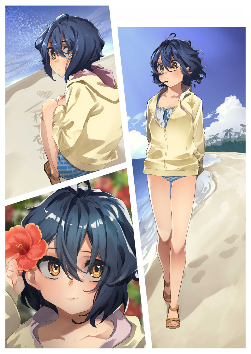 1girl 22/7 absurdres beach black_hair clouds day flower footprints hair_flower hair_ornament highres jacket looking_at_viewer looking_back motsu_(onli_neet) mouth_hold multiple_views outdoors sand sand_writing sandals solo swimsuit swimsuit_under_clothes takigawa_miu yellow_eyes