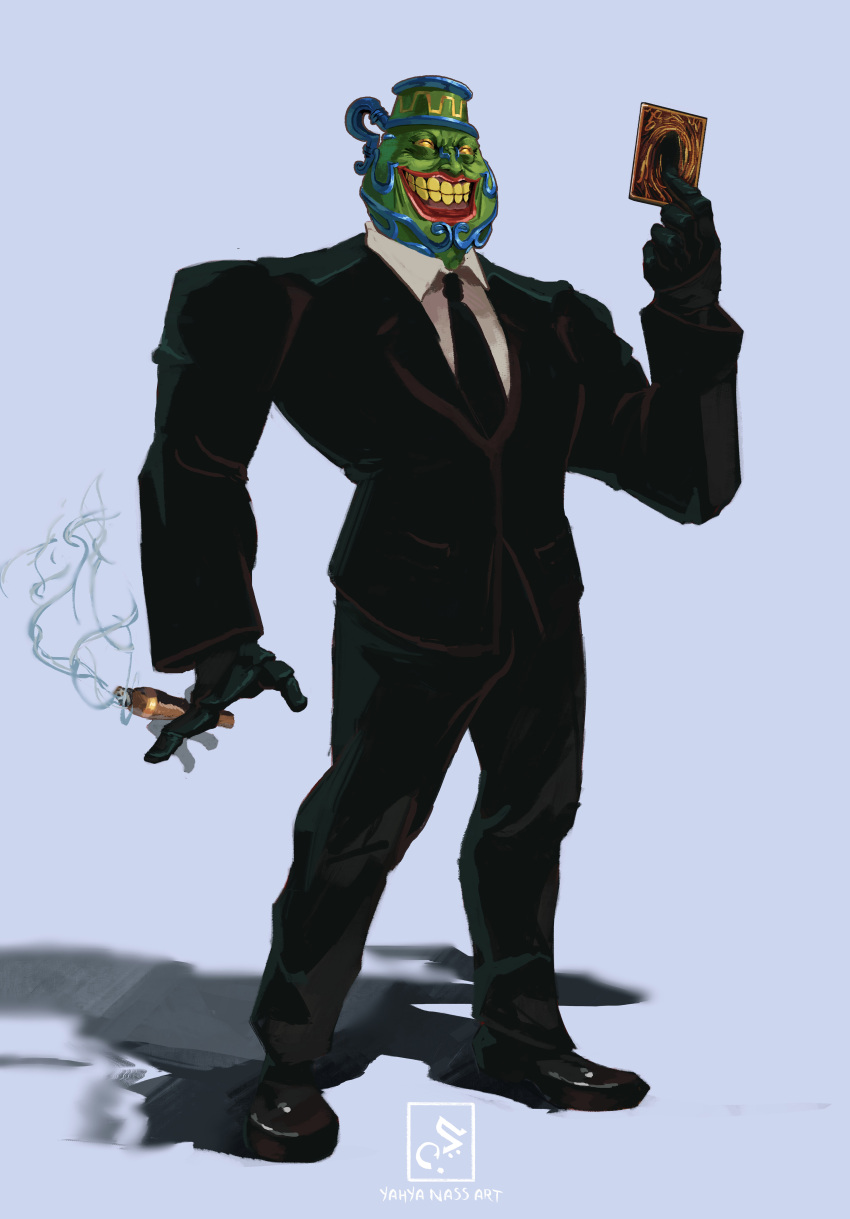 absurdres artist_name black_gloves black_neckwear black_suit card cigar clip_studio_paint_(medium) colored_sclera full_body gloves grey_background grin hand_up highres holding holding_card making-of_available necktie personification pot_of_greed shadow simple_background smile smoke solo standing yahyanass yellow_sclera yellow_teeth yu-gi-oh!