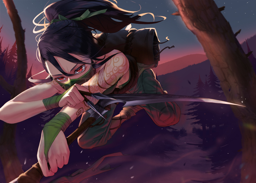 1girl akali arm_tattoo bangs bare_tree black_hair bridal_gauntlets dagger floating_hair full_body green_pants green_ribbon hair_between_eyes hair_ribbon holding holding_dagger holding_knife holding_scythe holding_weapon horizon jumping kama_(weapon) knife kunai league_of_legends long_hair mask mouth_mask ninja ninja_mask pants ponytail pouch red_eyes ribbon rope_belt scythe sickle sky solo star_(sky) starry_sky switchel tattoo tree twilight weapon