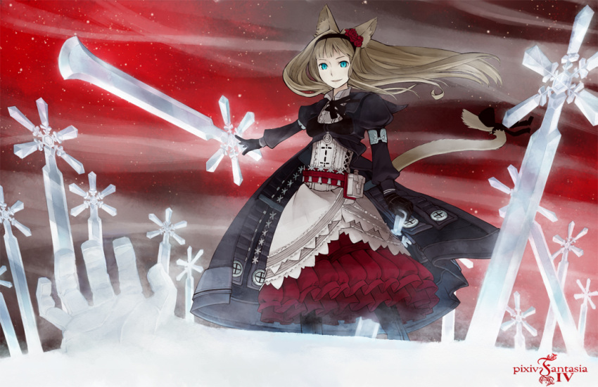 animal_ears aqua_eyes blonde_hair cat_ears cat_tail dress flower frilled_dress frills frilly_dress hair_flower hair_ornament hairband haruno ice ice_sword long_hair original pixiv pixiv_fantasia pixiv_fantasia_4 red_sky ribbon snow snowflakes solo sword tail tail_ribbon title_drop weapon