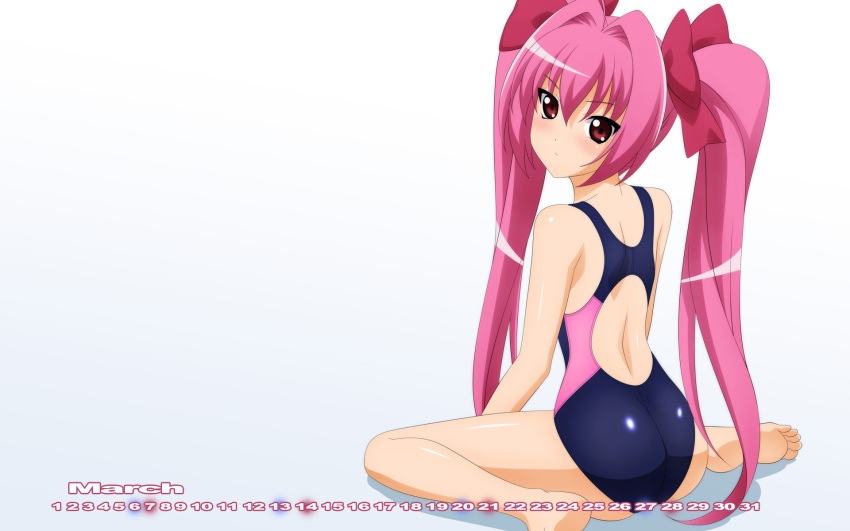 barefoot blush bow calendar competition_swimsuit di_gi_charat feet from_behind hair_bow highres long_hair looking_back looking_over_shoulder march one-piece_swimsuit pink_hair red_eyes sitting solo squatting sugimura_tomokazu swimsuit twintails usada_hikaru very_long_hair wallpaper wariza