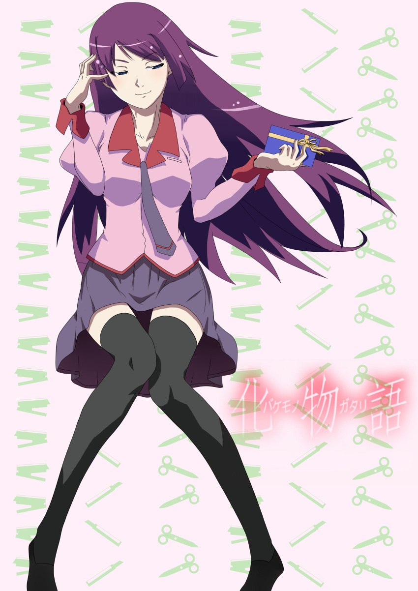 absurdres bakemonogatari black_thighhighs blue_eyes boxcutter breasts gift grin haruhi0721_(artist) highres long_hair pleated_skirt purple_hair school_uniform scissors senjougahara_hitagi skirt stapler thigh-highs zettai_ryouiki