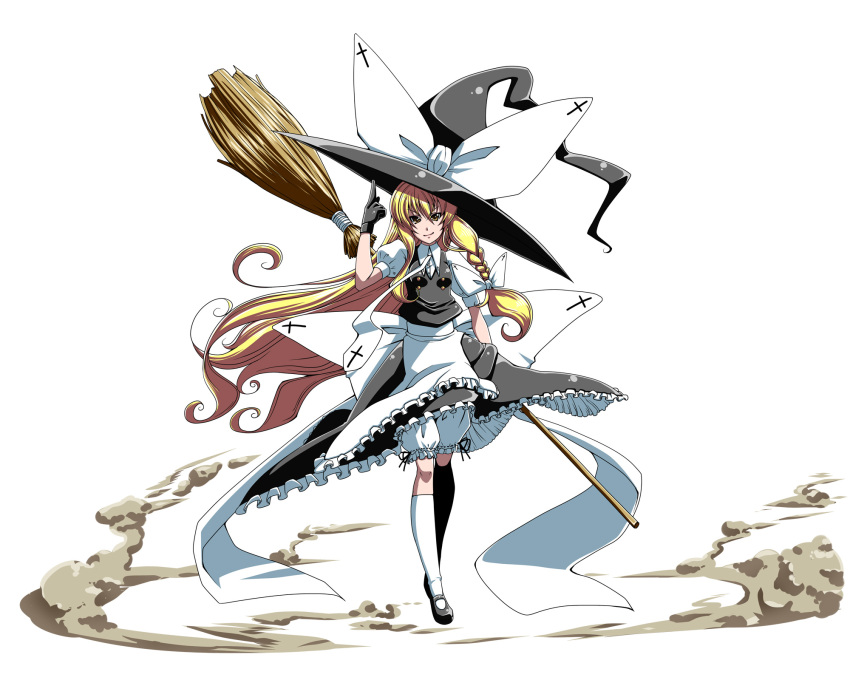 1girl alternate_costume black_gloves blonde_hair bloomers braid broom cross curly_hair dirt gloves hat highres kirisame_marisa kneehighs long_hair mary_janes oversized_clothes pointing satsuki_imonet shoes side_braid smirk smoke solo touhou very_long_hair white_legwear witch_hat yellow_eyes