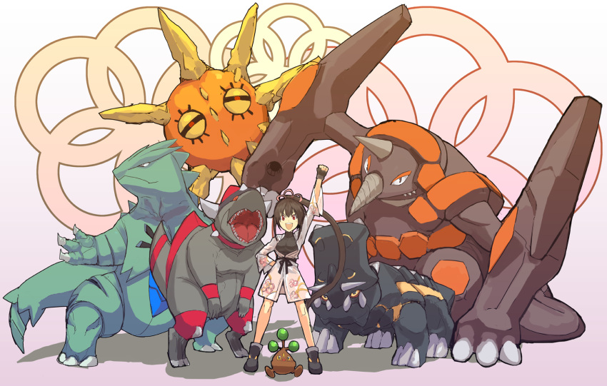 bastiodon bonsly clenched_hand hand_on_hip highres kusanagi_kaoru long_hair pixiv_trainer pokemon ponytail raised_fist rampardos rhyperior shiny_pokemon simple_background solrock tyranitar