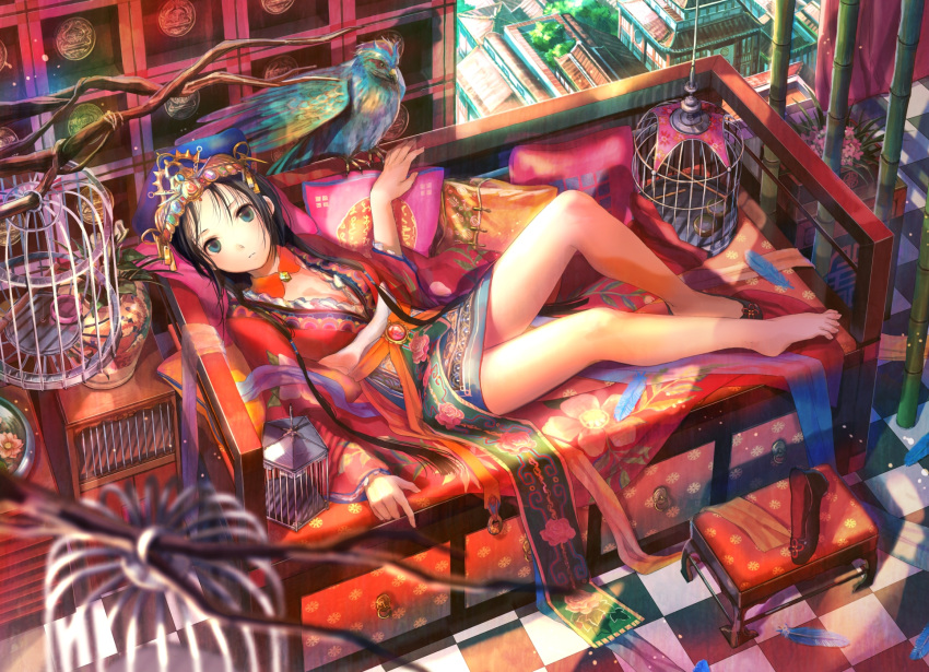 bamboo barefoot bird birdcage black_hair blue_eyes blurry branch breasts cage chinese_clothes cleavage couch crown depth_of_field feathers flower footstool fuji_choko hanging hat highres legs long_hair lying on_back original pillow single_shoe solo vase