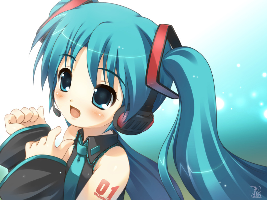 akiba_hideki aqua_hair blue_eyes blush detached_sleeves hatsune_miku headphones highres necktie solo tattoo twintails vocaloid wallpaper