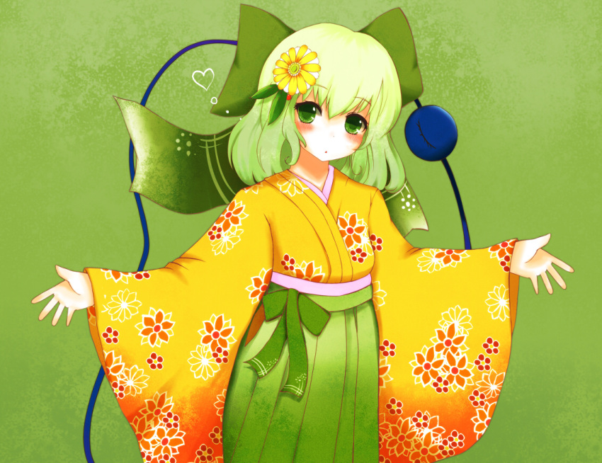 :o bow floral_print flower green_eyes green_hair hair_bow hair_flower hair_ornament hakama head_tilt heart japanese_clothes kimono komeiji_koishi looking_at_viewer outstretched_arms ribbon shiro_tsugumi short_hair spread_arms touhou