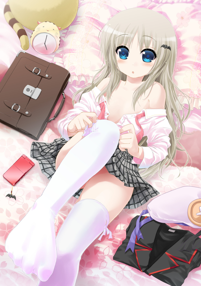absurdres adjusting_thighhigh bare_shoulders blonde_hair blue_eyes cellphone dressing feet flat_chest foreshortening hat highres little_busters!! noumi_kudryavka open_clothes open_shirt phone pooru porurin_(do-desho) pov_feet school_uniform shirt sock_pull solo thigh-highs thighhighs
