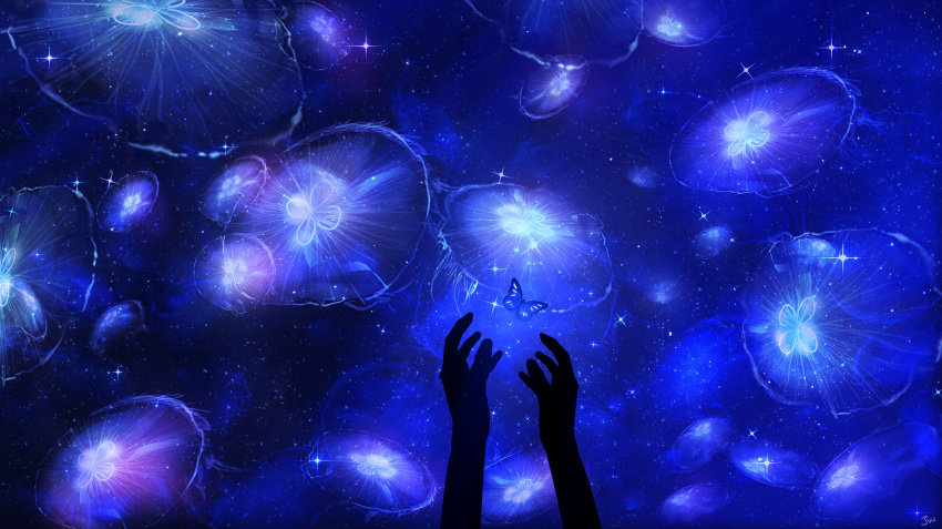 1other absurdres ambiguous_gender animal artist_name blue_theme bug butterfly chinese_commentary commentary_request fantasy hands highres insect jellyfish night night_sky original out_of_frame scenery silhouette sky skyrick9413 solo sparkle star_(sky) starry_sky tagme