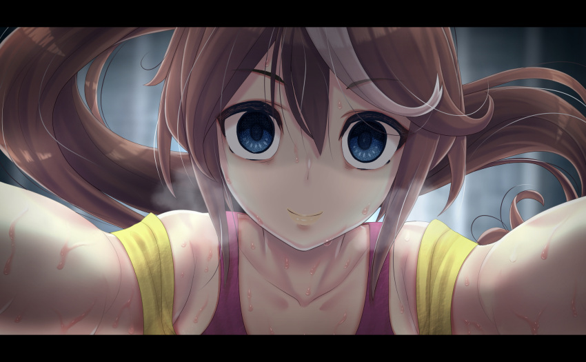 1girl anetani_kiki aqua_eyes blue_eyes brown_hair casual closed_eyes empty_eyes eyebrows_visible_through_hair false_smile hair_between_eyes high_ponytail highres looking_at_viewer multicolored_hair off_shoulder official_alternate_costume pov reward_available shaded_face smile solo sweat sweating_profusely tokai_teio_(umamusume) two-tone_hair umamusume upper_body visible_air white_hair yandere