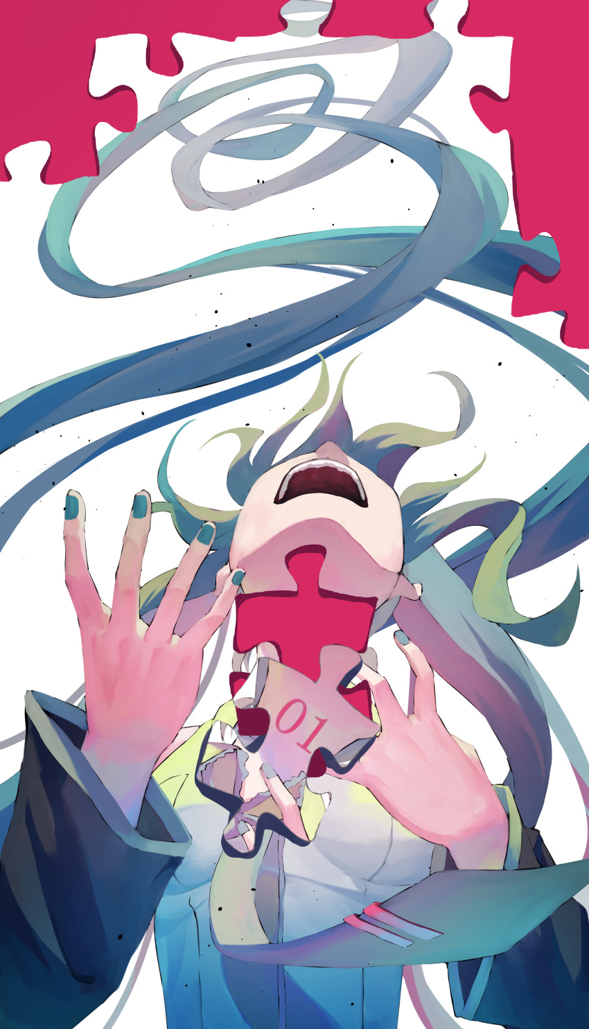 1girl absurdres aqua_hair aqua_nails aqua_neckwear bare_shoulders black_sleeves commentary detached_sleeves facing_up floating_hair grey_shirt hatsune_miku highres jigsaw_puzzle long_hair nail_polish neck_tattoo necktie number_tattoo open_mouth puzzle puzzle_piece shirt shun'ya_(daisharin36) sleeveless sleeveless_shirt solo tattoo twintails upper_body very_long_hair vocaloid