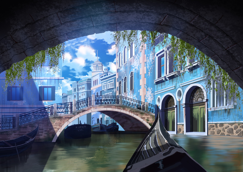 absurdres blue_background boat bridge building city clouds highres italy no_humans original outdoors railing scenery simple_background sumassha_t_t water watercraft window