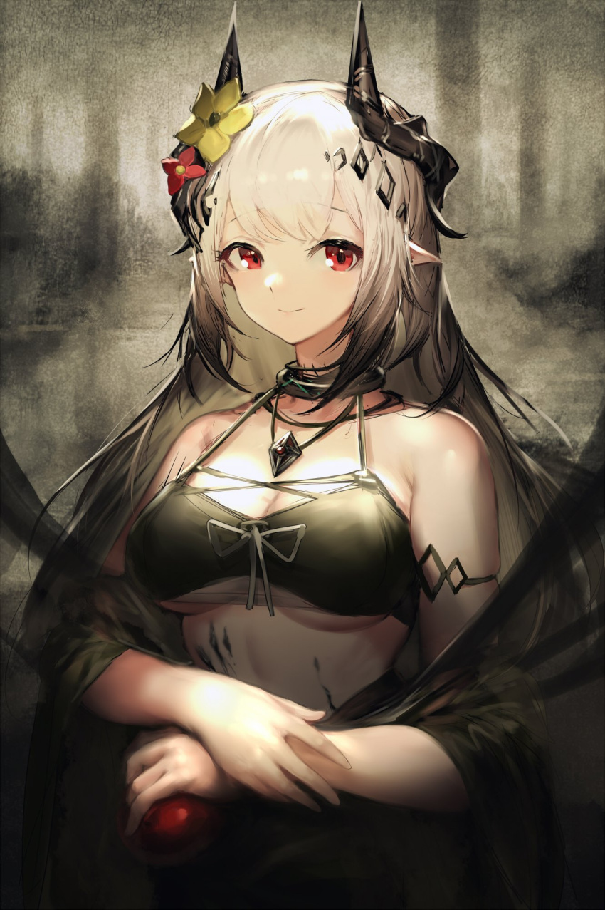 1girl apple arknights bikini breasts demon_girl demon_horns fine_art_parody flower food fruit hair_flower hair_ornament highres horns infection_monitor_(arknights) jell_(jell_y_fish) jewelry long_hair mona_lisa mudrock_(arknights) mudrock_(silent_night)_(arknights) necklace oripathy_lesion_(arknights) parody pointy_ears red_eyes smile solo solo_focus swimsuit white_hair