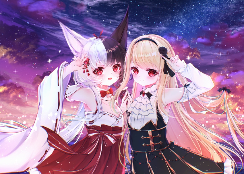 2girls absurdres alice_mana alice_mana_channel animal_ears arm_up armpits black_hair black_skirt blonde_hair blush breasts character_request clouds detached_sleeves dusk fox_ears fox_girl hairband hakama_skirt hanajiang highres index_finger_raised japanese_clothes long_hair low_twintails miko multicolored_hair multiple_girls open_mouth outdoors red_skirt shirt skirt sky small_breasts smile star_(sky) starry_sky sunset twintails two-tone_hair v very_long_hair virtual_youtuber white_hair white_shirt white_sleeves