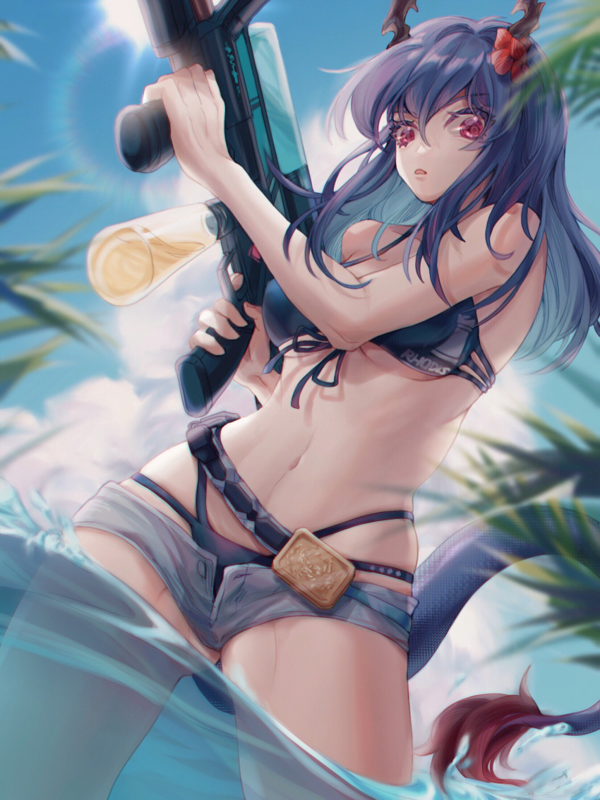 1girl arknights ass_visible_through_thighs bare_arms bare_shoulders bikini black_bikini blue_hair blue_sky breasts ch'en_(arknights) ch'en_the_holungday_(arknights) chimoshi_(kusa) clouds cowboy_shot day dragon_girl dragon_horns dragon_tail flower grey_shorts hair_flower hair_ornament highres holding holding_water_gun horns large_breasts long_hair looking_at_viewer micro_shorts navel open_fly outdoors parted_lips red_eyes red_flower shorts sky solo standing stomach swimsuit tail thighs wading water water_gun