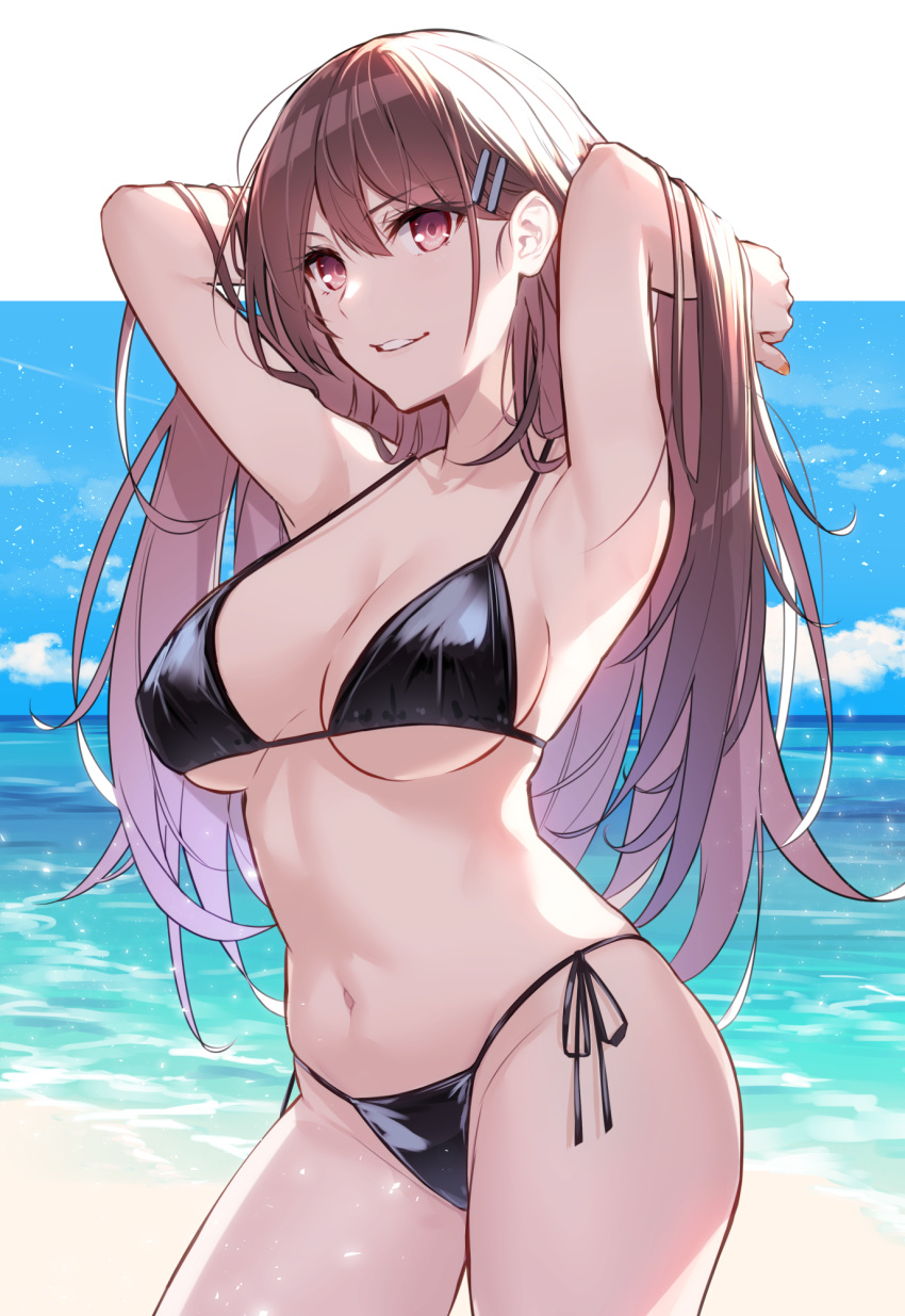 1girl aosaki_yukina armpits arms_up bangs bare_arms bare_shoulders beach bikini black_bikini blue_sky breasts brown_hair clouds commentary_request cowboy_shot day grin hair_ornament hairclip highres large_breasts long_hair looking_at_viewer navel original outdoors parted_lips side-tie_bikini sky smile solo standing stomach swimsuit thighs very_long_hair violet_eyes water