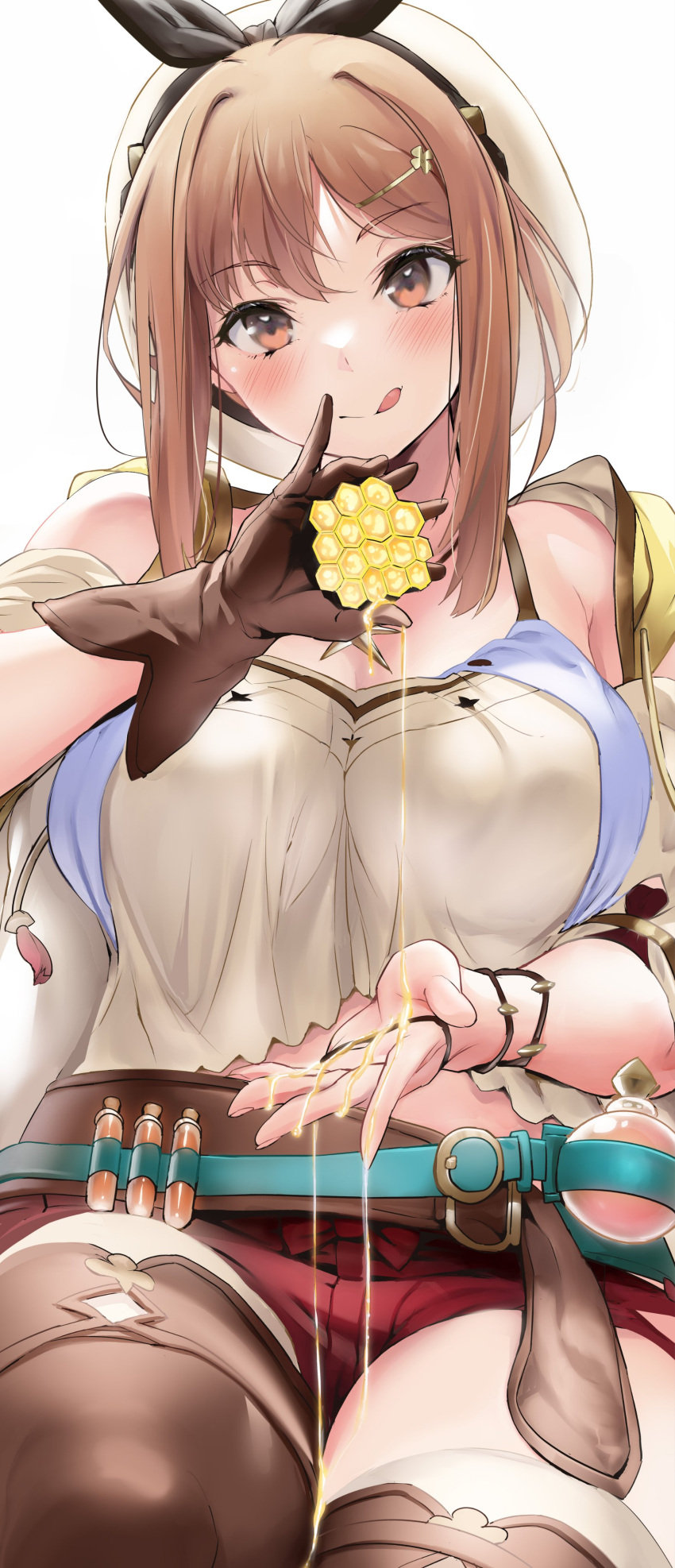 1girl absurdres atelier_(series) atelier_ryza belt blue_belt breasts brown_belt brown_eyes brown_gloves brown_hair flask gloves highres honey honeycomb jacket jewelry large_breasts leather leather_belt leather_gloves licking_lips necklace red_shorts reisalin_stout round-bottom_flask shino_(comic_penguin_club) short_shorts shorts single_glove sleeveless sleeveless_jacket solo star_(symbol) star_necklace thick_thighs thighs tongue tongue_out vial white_headwear yellow_jacket