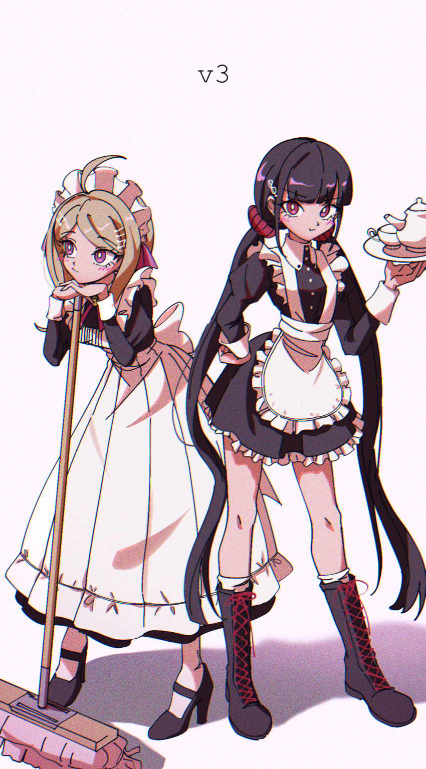 2girls ahoge akamatsu_kaede alternate_costume apron bad_proportions bandaid bangs black_dress black_footwear black_hair blush boots broom commentary_request cross-laced_footwear cup dangan_ronpa_(series) dangan_ronpa_v3:_killing_harmony dress enmaided frilled_dress frills full_body hair_ornament hair_scrunchie hairclip hand_on_hip harukawa_maki high_heels highres holding holding_tray lace-up_boots leaning_forward long_hair long_sleeves looking_at_viewer low_twintails maid maid_apron maid_headdress multiple_girls nzeneee pink_background pout puffy_sleeves red_scrunchie scrunchie short_dress standing teacup teapot tray twintails very_long_hair violet_eyes waist_apron white_apron