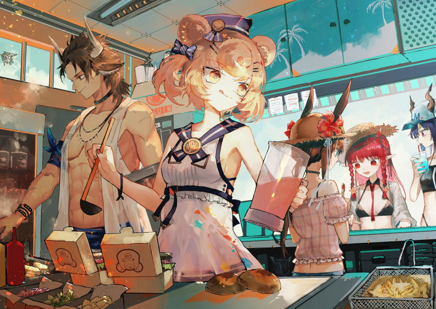 1boy 4girls abs absurdres amiya_(arknights) animal_ears arknights arm_ribbon bare_arms baseball_cap bear_ears bikini black_bikini blender blonde_hair blue_bow blue_eyes blue_hair blue_headwear bow bra_strap bracelet braid breasts brown_eyes brown_hair burger ch'en_(arknights) closed_mouth collarbone commentary_request cooking cow_ears cow_horns dragon_horns dress drink drinking_straw_in_mouth female_tourist_c_(arknights) flower food french_fries gummy_(arknights) gummy_(summer_flowers)_(arknights) hair_bow hair_ornament hat hat_flower highres holding holding_drink holding_jug holding_ladle holding_pencil horns indoors infection_monitor_(arknights) jewelry kenseeeeeeee kitchen ladle licking_lips matterhorn_(arknights) matterhorn_(beach_guard)_(arknights) medium_breasts multiple_girls muscular muscular_male nail_polish necklace off-shoulder_shirt off_shoulder official_alternate_costume open_clothes open_shirt paint_splatter pencil penguin_logistics_logo pink_shirt pointy_ears rabbit_ears red_eyes red_flower red_nails redhead ribbon scar_on_arm shirt short_hair sleeveless sleeveless_dress sleeveless_shirt small_breasts smile star_(symbol) star_hair_ornament straw_hat sun_hat swimsuit tongue tongue_out twin_braids vending_cart vigna_(arknights) vigna_(casual_vacation)_(arknights) white_dress white_headwear white_shirt window