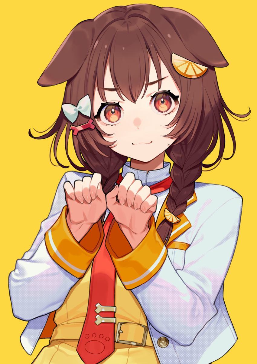 1girl :3 absurdres animal_ears bangs bone_hair_ornament bow braid brown_hair buckle closed_mouth cropped_jacket dog_ears eyebrows_visible_through_hair food-themed_hair_ornament hair_bow hair_ornament highres hololive inugami_korone jacket long_hair long_sleeves looking_at_viewer necktie open_clothes open_jacket orange_hair_ornament paw_pose red_eyes red_neckwear simple_background solo twin_braids unbuttoned upper_body v-shaped_eyebrows virtual_youtuber white_bow white_jacket yellow_background yuu_(higashi_no_penguin)