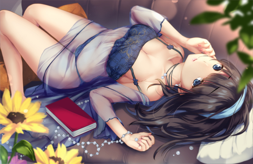 1girl bangs black_hair blue_babydoll blue_eyes blue_panties blue_ribbon blurry blurry_foreground book breasts couch depth_of_field eyebrows_visible_through_hair flower hair_ribbon highres idolmaster idolmaster_cinderella_girls jewelry lingerie looking_at_viewer lying medium_breasts medium_hair moneti_(daifuku) necklace on_back on_couch panties pearl_necklace ribbon sagisawa_fumika see-through solo underwear upside-down yellow_flower
