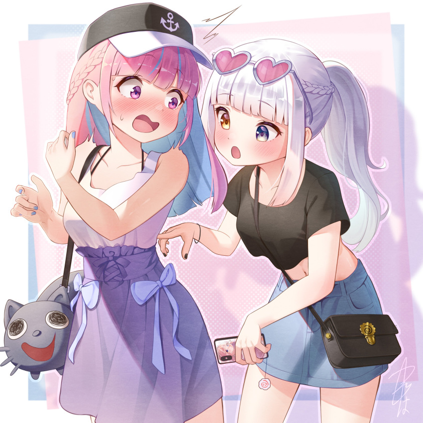 2girls absurdres anchor_symbol bag bangs baseball_cap blue_eyes blue_hair blunt_bangs blush bracelet braid collarbone colored_inner_hair crop_top eyebrows_visible_through_hair french_braid handbag hat heart heart-shaped_eyewear heterochromia high-waist_skirt highres hololive jewelry kagura_gumi kagura_mea long_hair minato_aqua miniskirt multicolored_hair multiple_girls nail_polish navel neko_(minato_aqua) open_mouth orange_eyes phone purple_hair ribbon shasminnyan shirt sidelocks signature silver_hair skirt sleeveless sleeveless_shirt streaked_hair surprised two-tone_hair violet_eyes virtual_youtuber