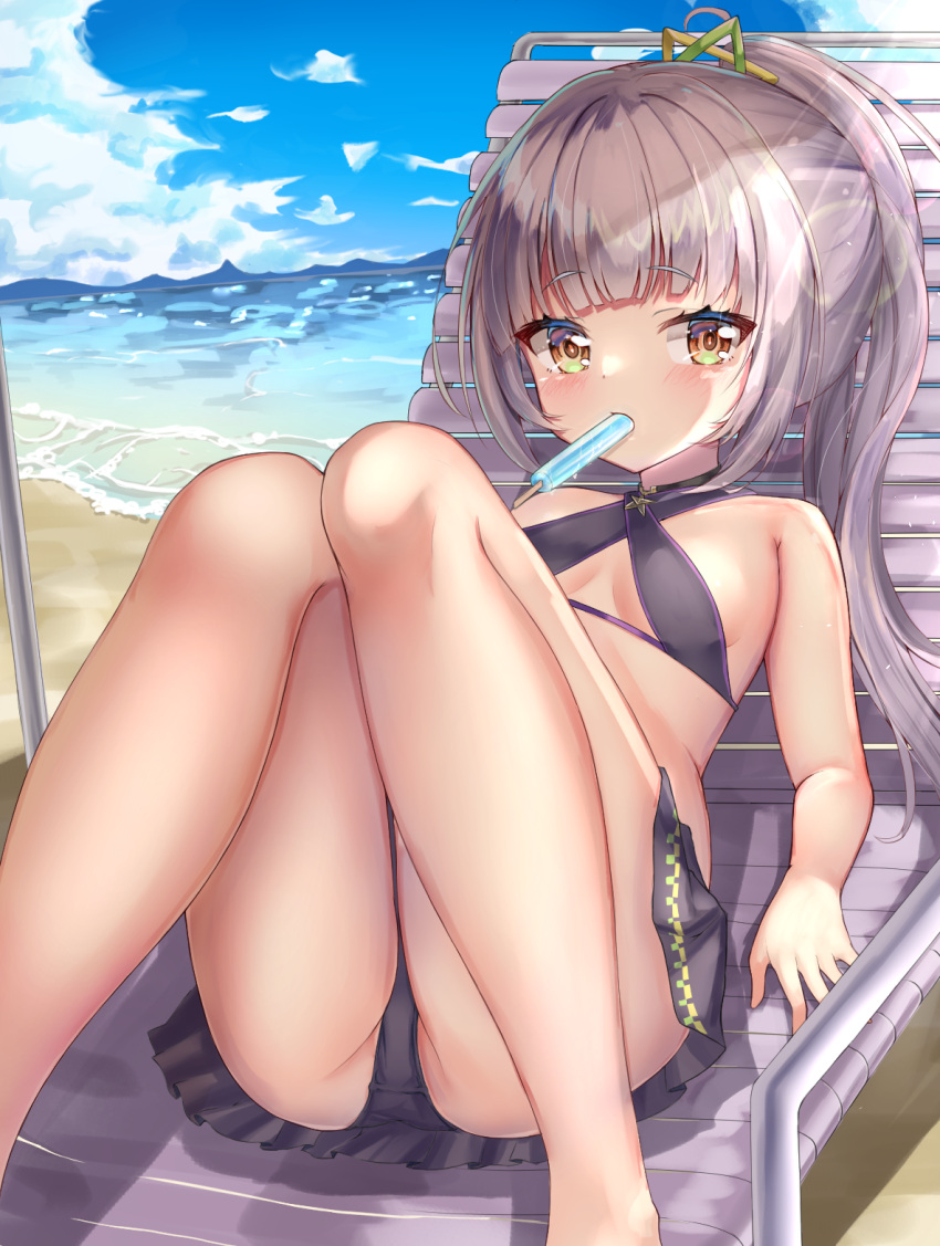 1girl bangs bare_legs beach beach_chair bikini black_bikini black_skirt blunt_bangs blush breasts commentary_request day eyebrows_visible_through_hair feet_out_of_frame food food_in_mouth hair_ornament halter_top halterneck high_ponytail highres hololive knees_together_feet_apart knees_up long_hair looking_at_viewer lying murasaki_shion on_back outdoors ponytail popsicle rappi short_eyebrows sidelocks silver_hair skirt small_breasts solo swimsuit virtual_youtuber water yellow_eyes