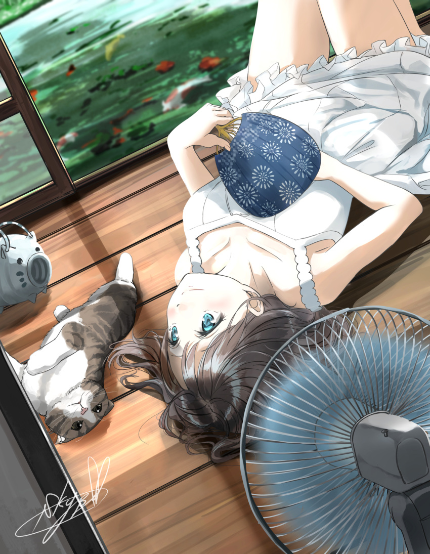 1girl arm_up bare_arms black_hair blue_eyes blurry blurry_background breasts cat collarbone commentary_request dress dutch_angle electric_fan feet_out_of_frame fish goldfish hand_fan hand_on_own_stomach highres holding holding_fan kayari_buta knees_up koi looking_to_the_side lying on_back on_floor open_door original paper_fan pond short_hair signature sleeveless sleeveless_dress sliding_doors small_breasts smile solo soragane_(banisinngurei) summer sundress uchiwa white_dress wooden_floor