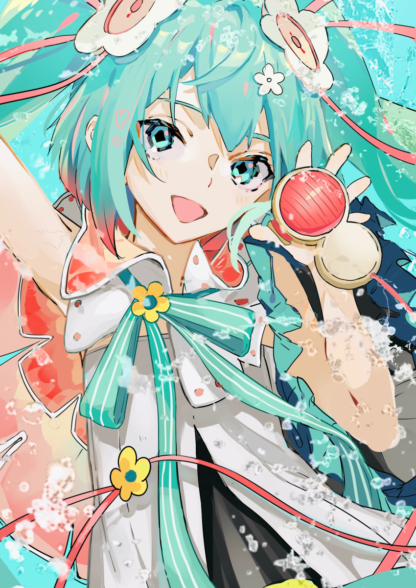 1girl absurdres aqua_eyes aqua_hair aqua_neckwear aqua_ribbon arm_up bare_shoulders bubble cable cape commentary flower hair_flower hair_ornament hatsune_miku heart higasizora-kai highres holding holding_microphone long_hair magical_mirai_(vocaloid) microphone neck_ribbon open_mouth ribbon shirt sleeveless sleeveless_shirt smile solo striped striped_neckwear striped_ribbon twintails upper_body very_long_hair vocaloid white_flower white_shirt yellow_flower