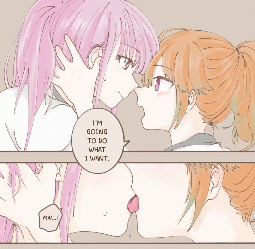 ...! 2girls blush closed_mouth commentary english_commentary english_text eye_contact eyebrows_visible_through_hair french_kiss highres hololive hololive_english kiss looking_at_another mori_calliope multiple_girls open_mouth orange_hair purple_hair shasham_mon sweat sweatdrop takanashi_kiara yuri