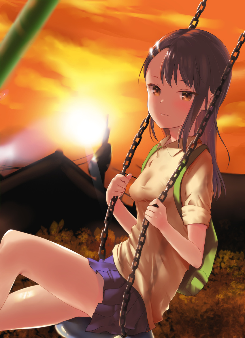 1girl absurdres backpack bag bangs black_hair blue_skirt breasts brown_eyes brown_shirt closed_mouth clouds collared_shirt commentary_request eyebrows_visible_through_hair feet_out_of_frame goldowl hair_ornament hairclip highres house ijiranaide_nagatoro-san long_hair looking_at_viewer nagatoro_hayase outdoors pleated_skirt power_lines shirt short_sleeves skirt small_breasts solo sun sunset swing utility_pole