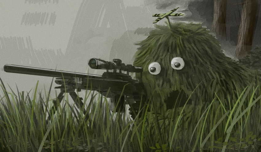 1other bush camouflage clover ghillie_suit googly_eyes grass ground gun lying no_arms no_humans on_stomach open_mouth original rifle scope skiba sniper_rifle spinning_top tree weapon what